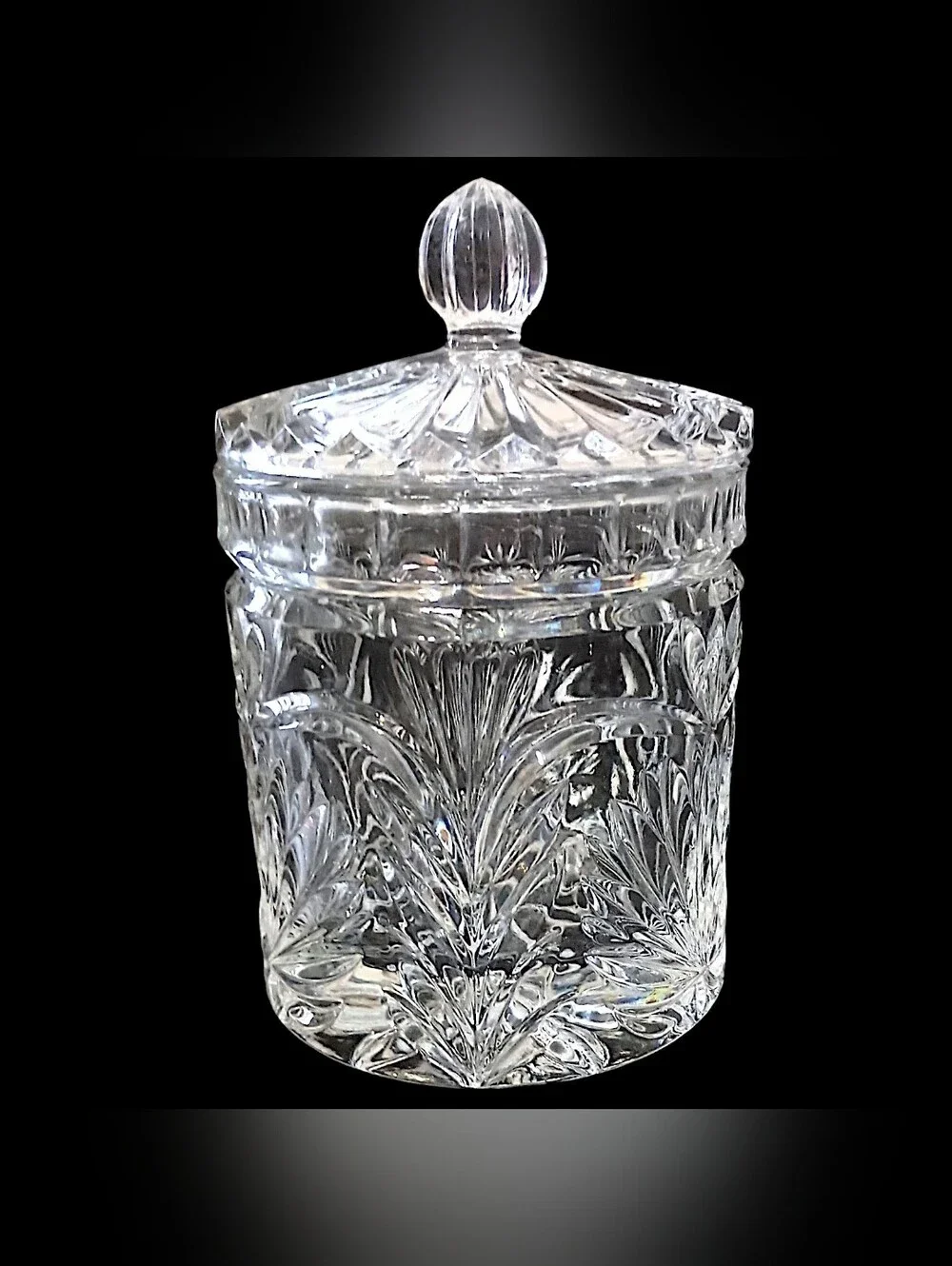 Vintage Crystal Biscuit Jar Candy 6” Lidded Vanity Canister Starburst Glass